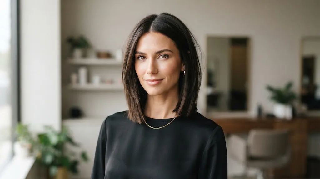 Collarbone-length layered lob haircut creating a sharp vertical silhouette to slim and elongate a fuller face