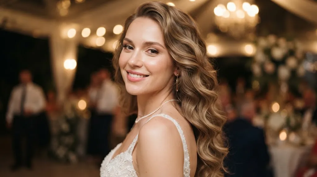Elegant woman with soft light curls and cascading gentle waves styled for a special occasion
