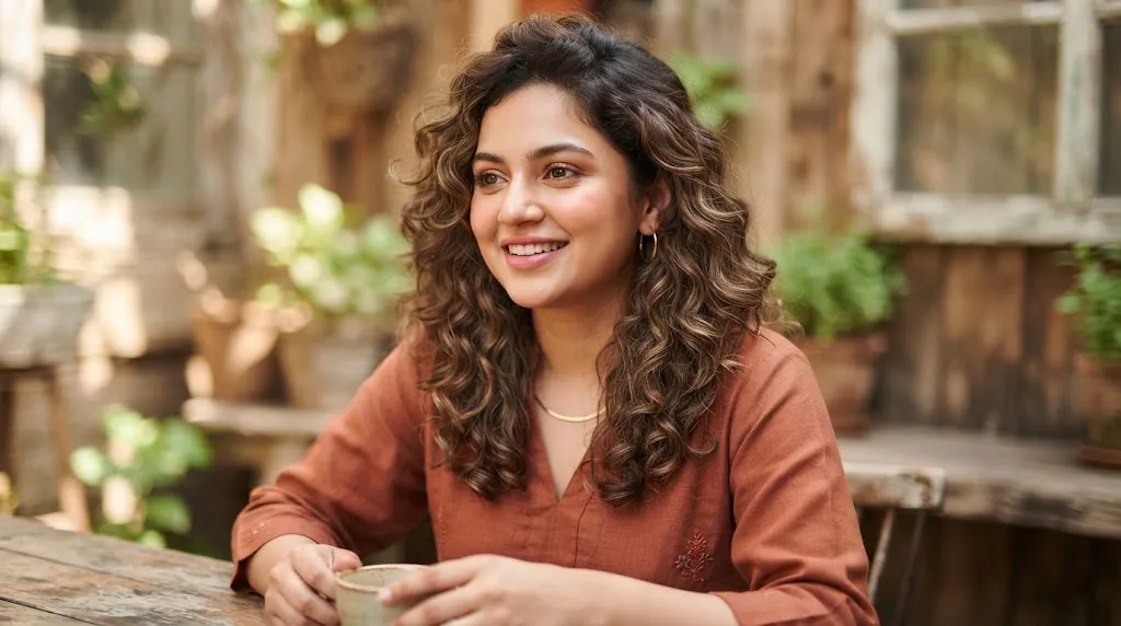 South Asian woman with a round face featuring voluminous light curly hair and long layers to elongate facial features