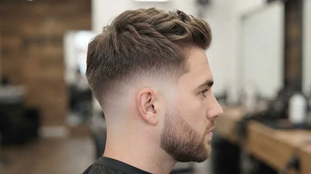 A close-up profile view of a man with a clean, stylish taper haircut, showing a smooth gradient from short sides to longer textured hair on top.
