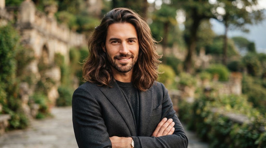 A stylish man with long flowing celebrity hairstyle and modern grooming