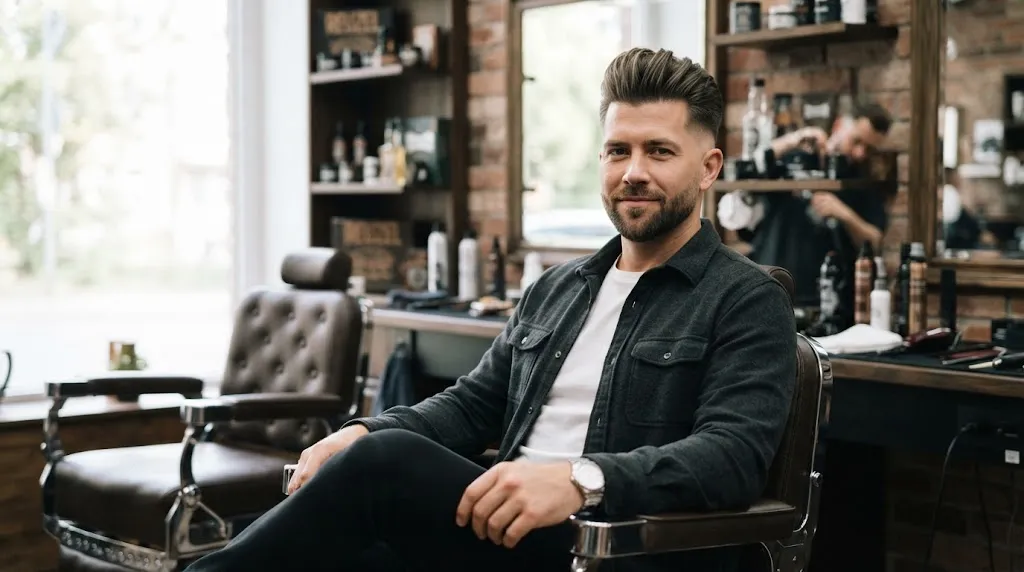 Man sitting in a barbershop chair showcasing a stylish long fade with pompadour haircut featuring voluminous textured top and clean tapered sides.