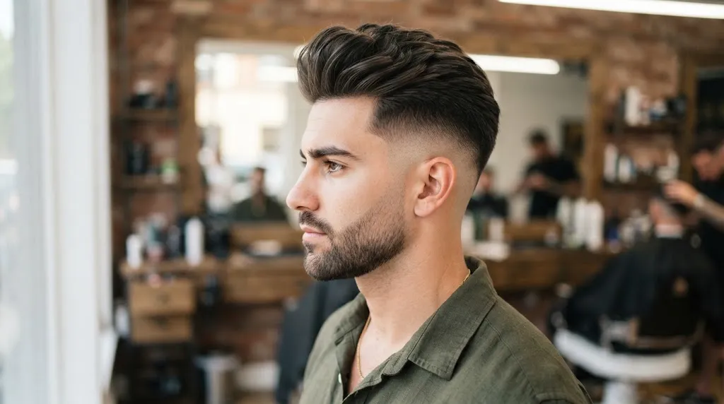 A stylish man showcasing a long fade with a textured quiff haircut in a professional barbershop