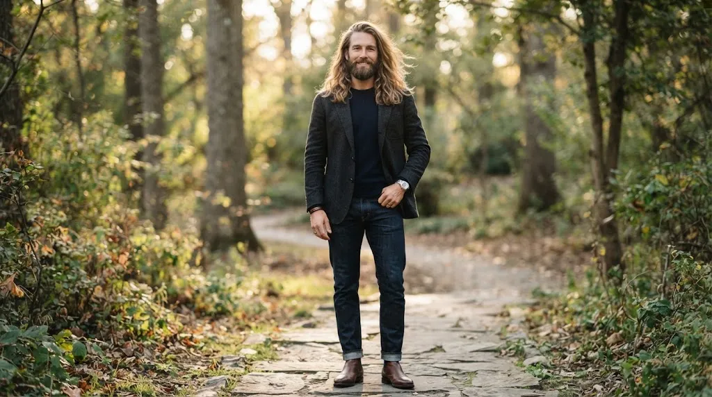 A stylish man demonstrating the ideal balance between long flowing head hair and a well-groomed full beard for face shape harmony.