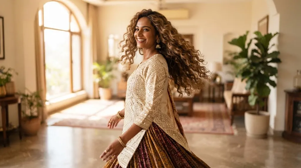A woman with long, bouncy, and voluminous light curls showcasing natural movement and freedom from heavy weight.