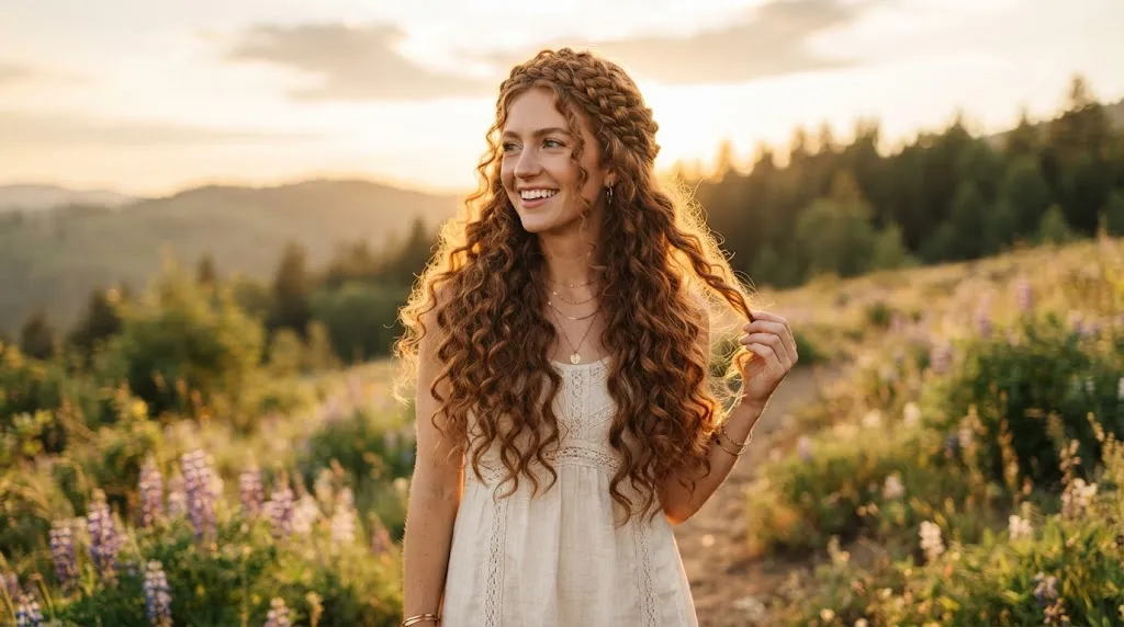 Long hair styled in cascading curls with an intricate braided crown for a function or special occasion