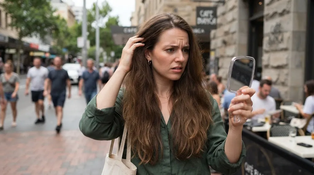 A young woman with long hair experiencing flat, lifeless roots and volume loss during a busy day.