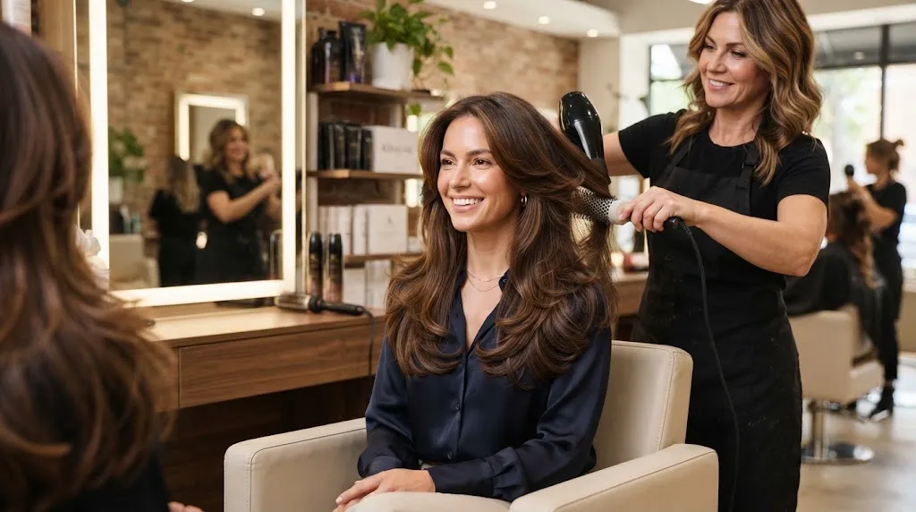A woman with a long layer step cut showing voluminous tiers and bouncy movement in a modern salon.