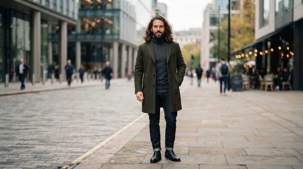 A stylish man with flowing long hair and a neatly trimmed medium beard demonstrating the contrast principle for balanced facial proportions.