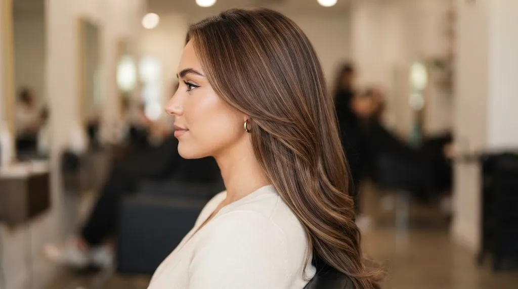 Side view of a woman with long hair showing seamless side layers and smooth gradient blending into a U-cut
