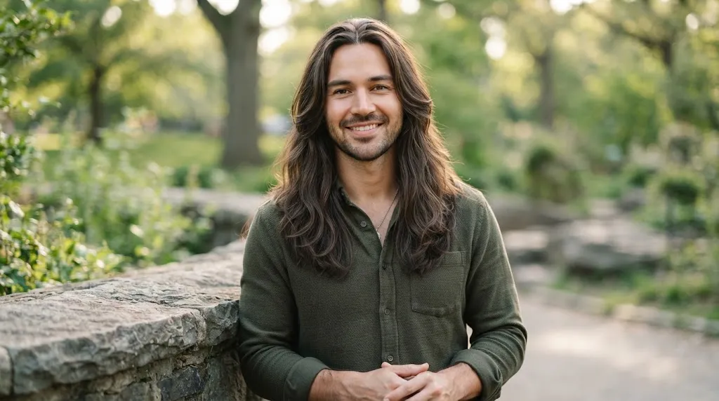 A man with long hair and face-framing layers designed to elongate a round face shape.