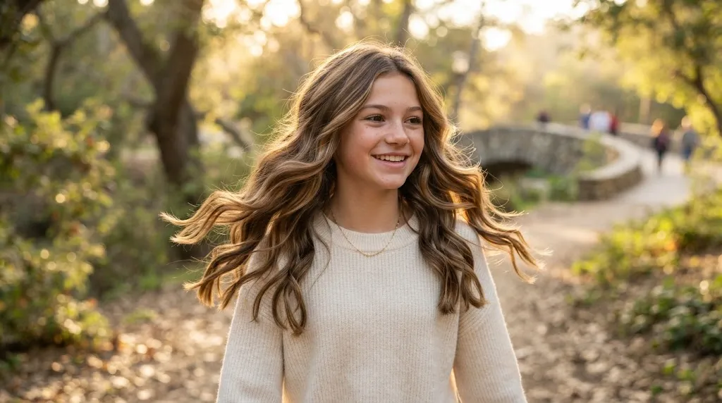 A young girl with gorgeous long wavy hair showcasing 2026 trending layered cuts and soft movement in natural golden hour light
