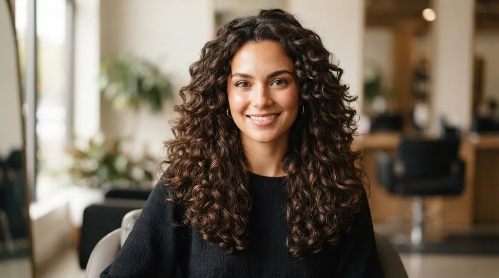 Long curly hair with vertical interior layers creating an elongating shape for a round or fuller face
