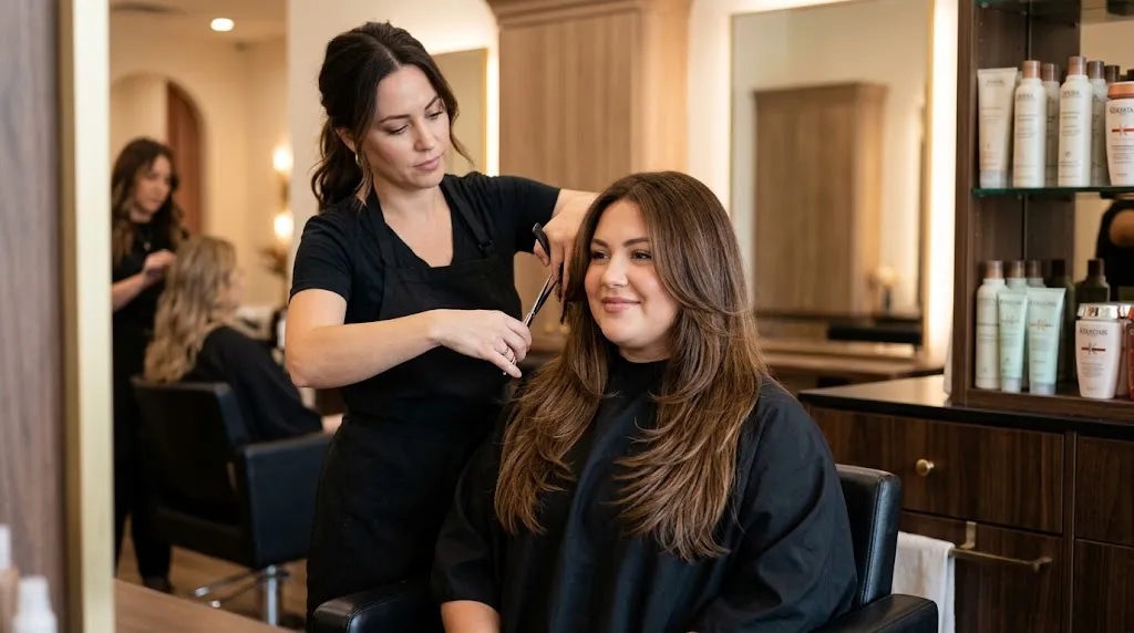 Long layered haircut with face-framing layers starting below the chin on a round face shape