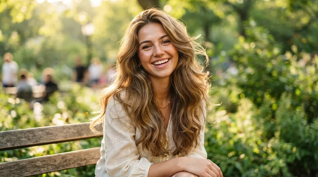 Young girl with gorgeous, flowing long hair featuring soft cascading layers and natural bounce in a sunlit outdoor setting