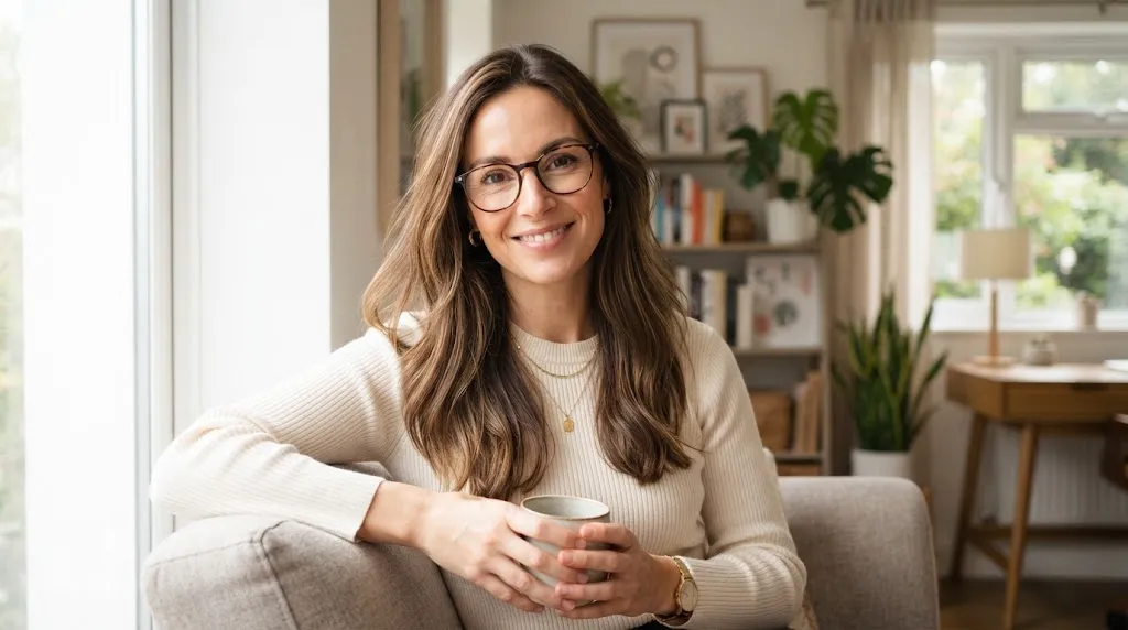 A stylish woman with long layered hair and chic glasses smiling softly, demonstrating how long layers complement frame wearers.