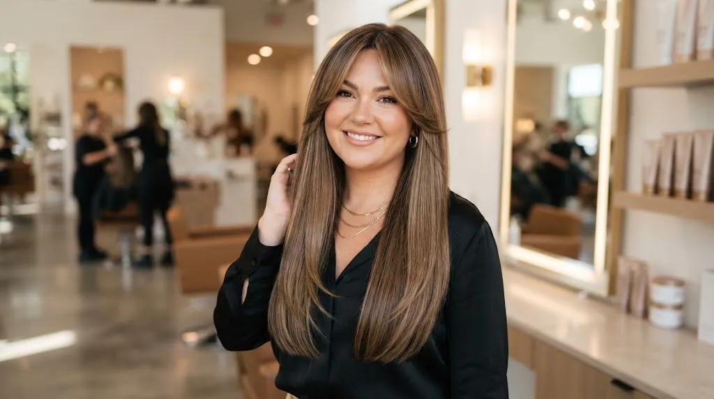 A gorgeous woman with long layered hair and soft curtain bangs styled to flatter a fuller face shape in a modern salon.