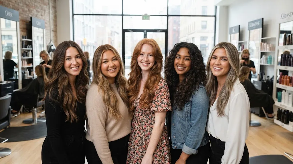 Diverse women showcasing long layered hairstyles tailored to different face shapes in a professional salon