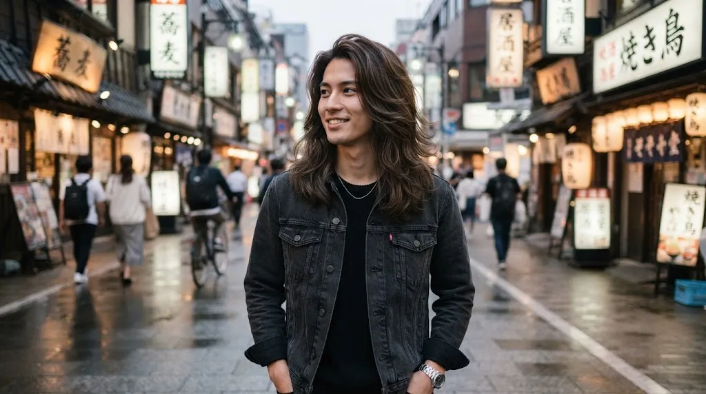 A young man showcasing modern long layered Japanese hair with natural flow and soft texture.