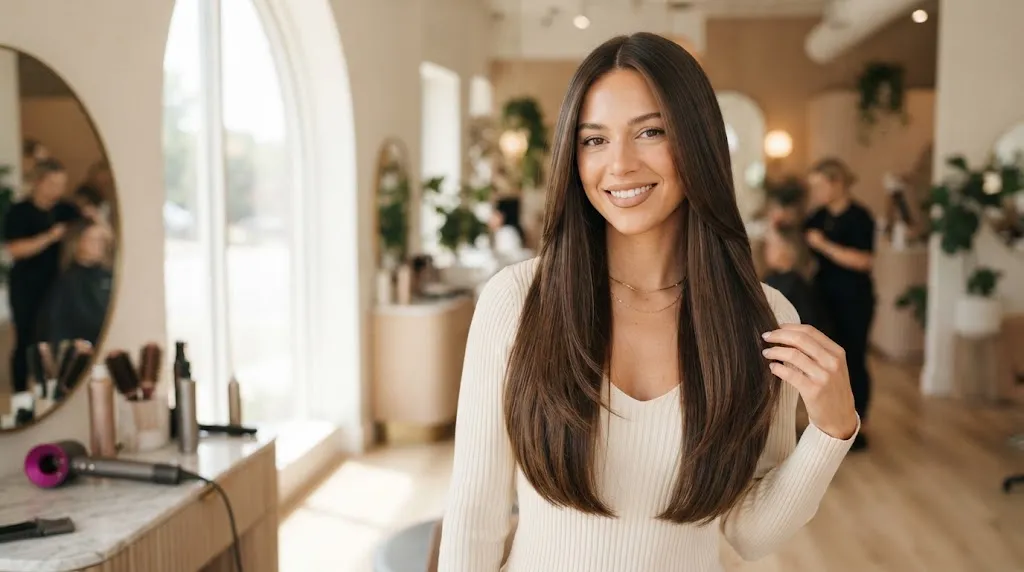 A woman with long, sleek, thick straight hair styled in a clean V-cut with long graduated layers in a salon.