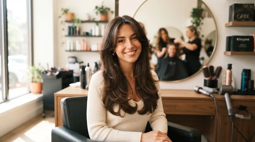 A woman with long layered dark hair and soft face-framing pieces softening her round face shape and wide forehead.