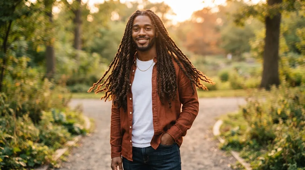 A Black man showcasing long, flowing two-strand twists resting past his shoulders with natural movement and health.