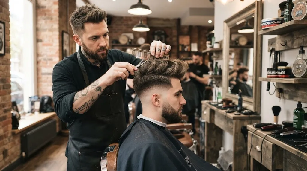 Professional barber styling a clean long military haircut with a tapered fade on the sides and textured top volume