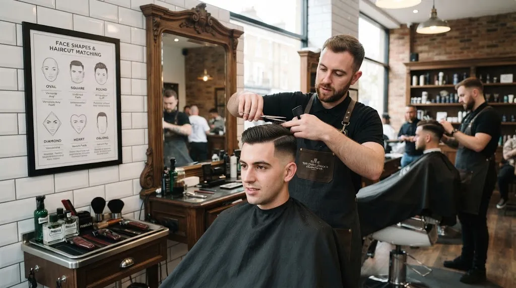 Professional barber consulting a client on long military haircuts tailored to different face shapes