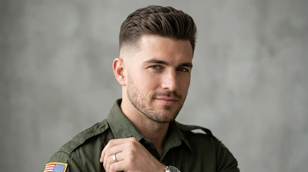 A handsome man showcasing a long military haircut with clean tapered sides and textured styled hair on top