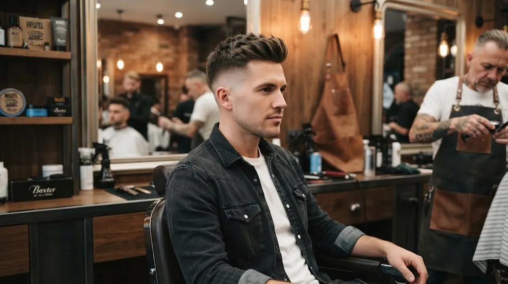 Professional photo comparing a modern long military haircut with clean tapered fades and textured top styling in a barbershop