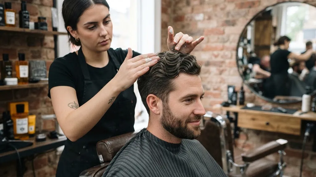 Professional barber styling textured wavy hair with matte paste for a long military haircut on a male client.