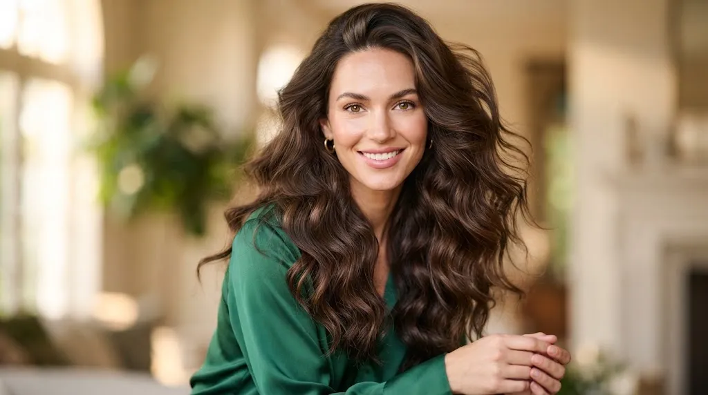 A beautiful woman with voluminous waves and cascading layers tailored for long or oblong face shapes in summer
