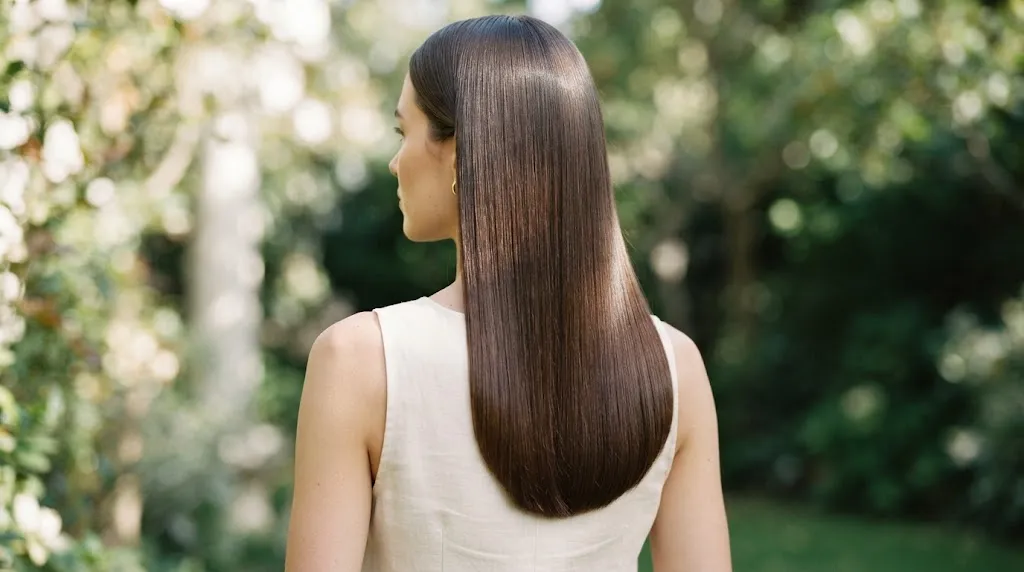 Long sleek straight hair with a curved U-cut hemline showcasing a polished and shiny finish