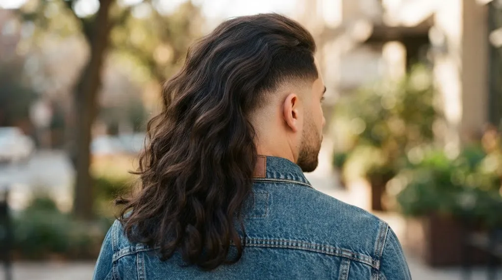 Back-angle close-up of a man wearing a long tail hairstyle with a sharp mid-fade and denim jacket