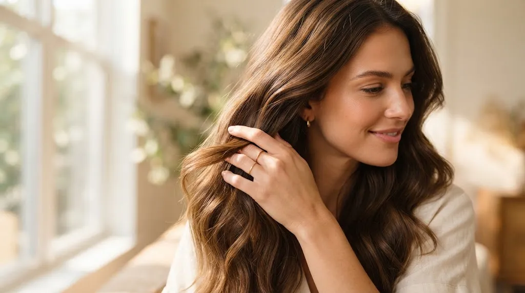 A woman with beautiful, long thick hair showcasing healthy strands and natural shine in a sunlit room, illustrating hair care habits and genetics.