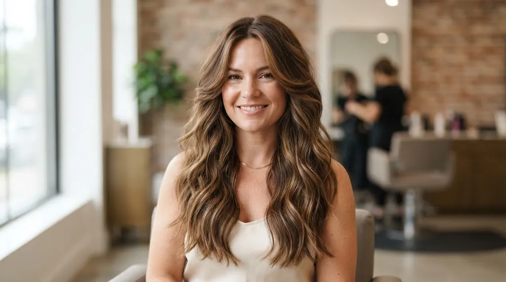 Long wavy hair with cascading vertical layers designed to slim and elongate a fuller face shape