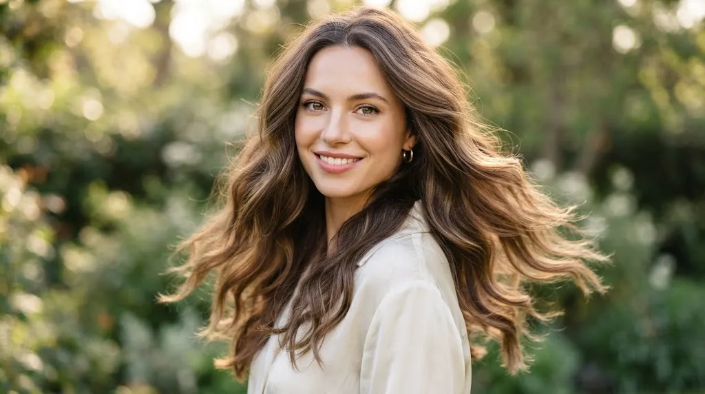 Woman with long wavy textured layers haircut cascading past shoulders creating vertical lines to slim a fuller face