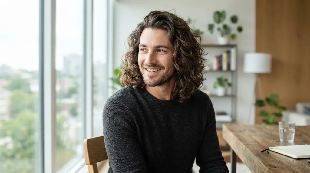 A man showcasing a longer natural haircut with healthy texture and movement in a bright setting