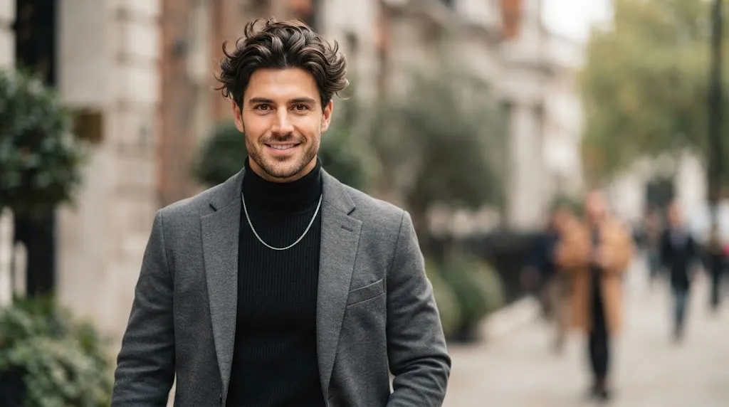 A stylish man with a longer textured top haircut showing natural movement and modern separation
