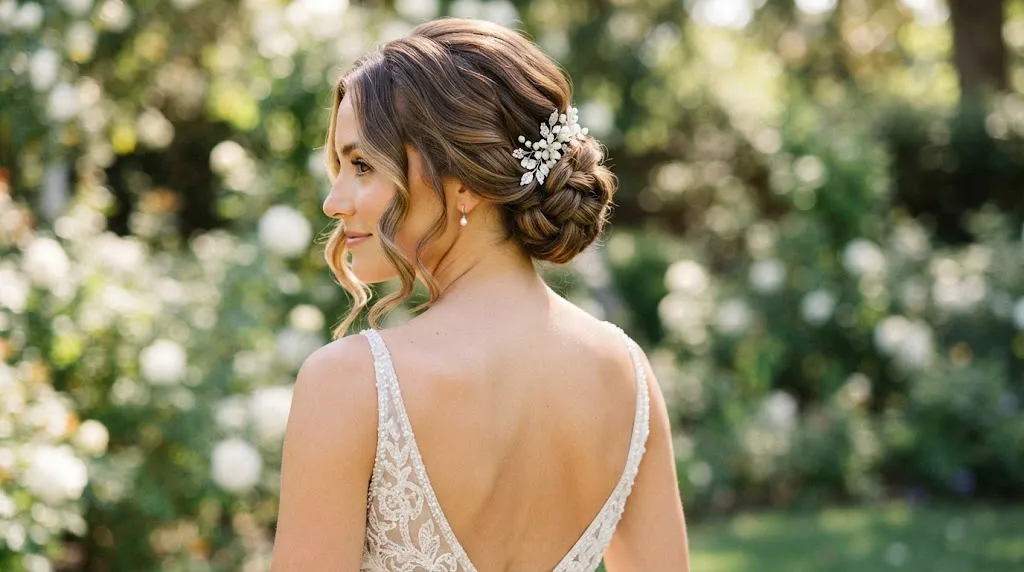 Elegant low bridal chignon hairstyle featuring soft face-framing tendrils curling around a slim face shape.