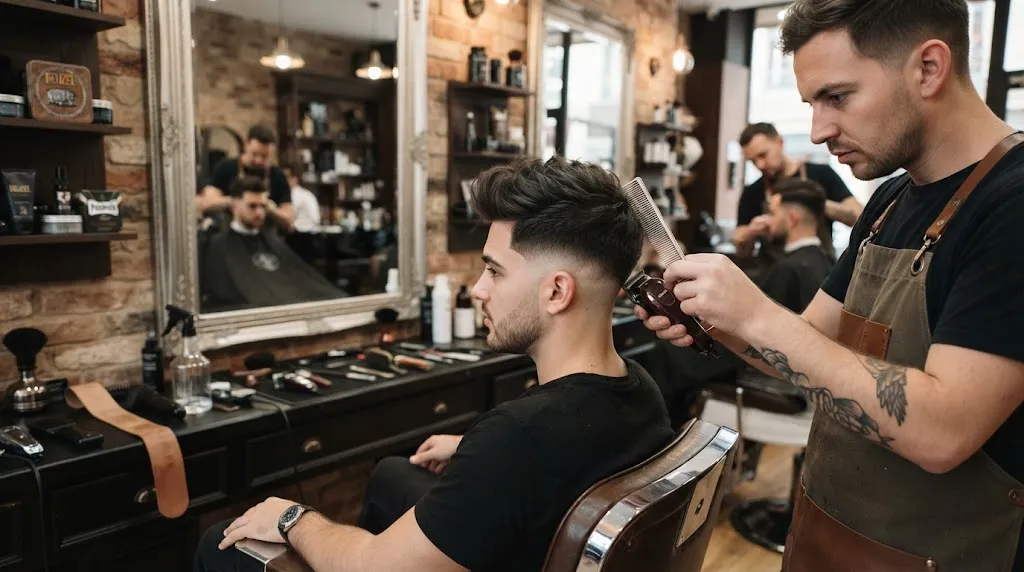 A professional side view of a clean low fade haircut with a structured top in a modern barbershop