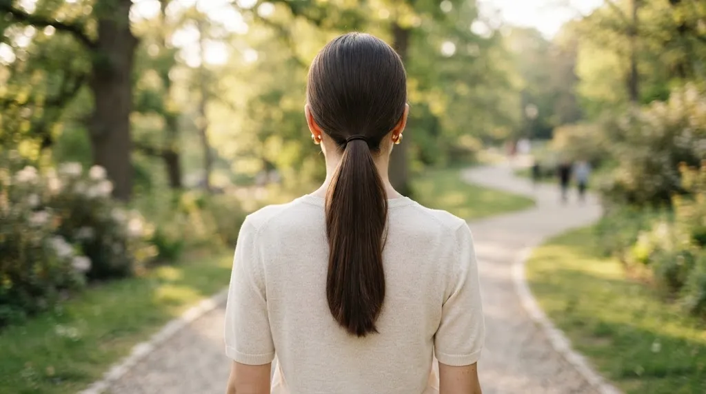 A person with long hair styled in a neat, minimalist low ponytail resting on the upper back for summer heat.