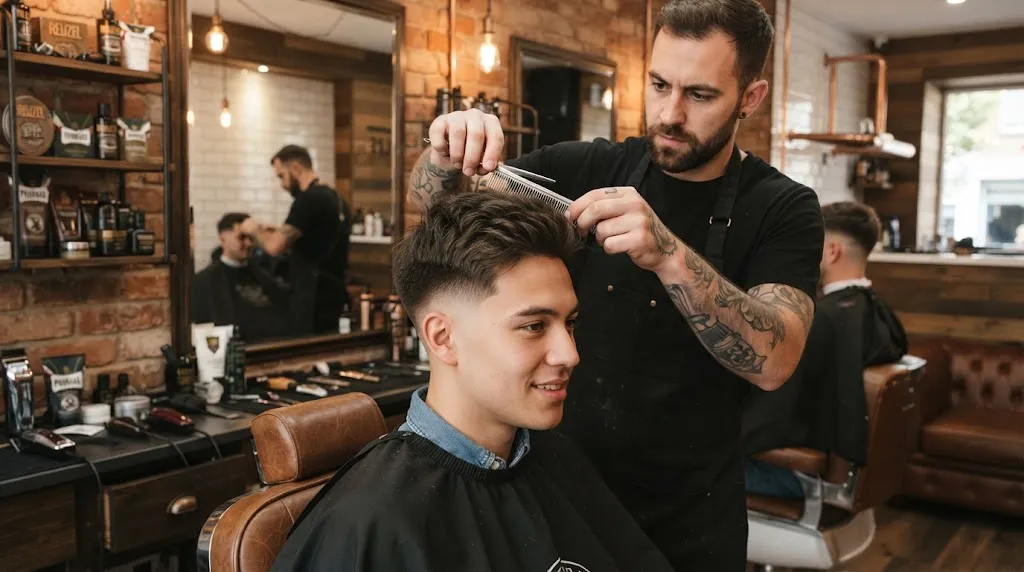A stylish man with a clean low taper fade and natural textured top in a modern barbershop