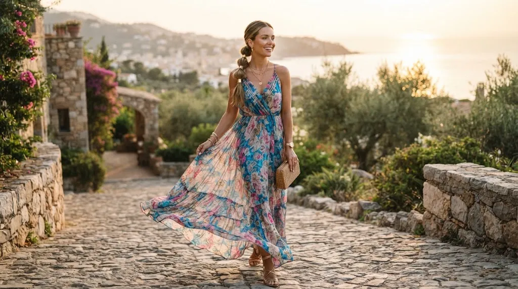 A stylish woman wearing a long frock with a sleek low twisted bubble ponytail hairstyle