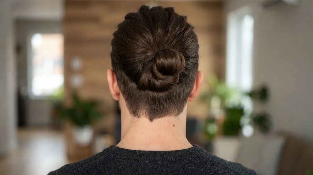 Back-angle close-up shot of a man with thick brown hair featuring a neat looped man bun tail hairstyle resting against the upper neck.