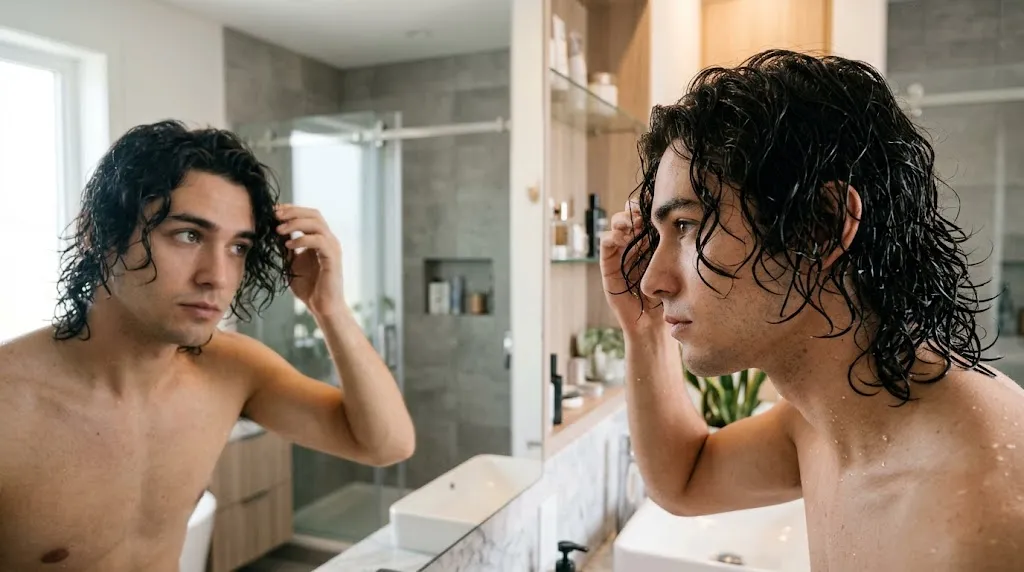 A young man examining his damp hair in a bathroom mirror to self-check if his hair is naturally wavy or straight.