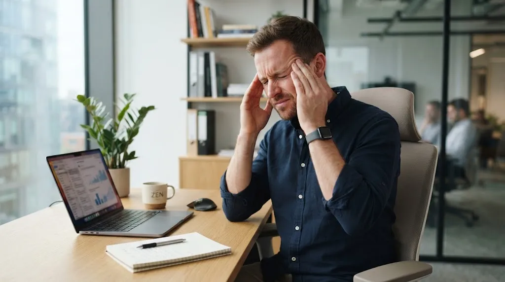 A man massaging his temples to relieve a tension headache caused by a tight tail hairstyle