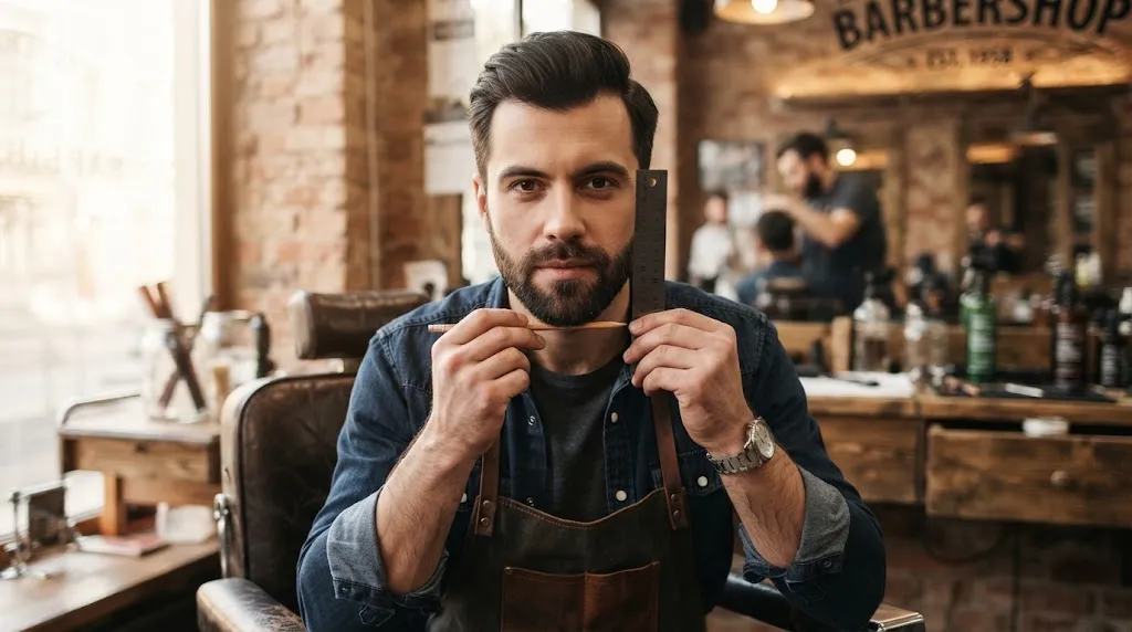 A stylish man demonstrating how to measure face length with a pencil and ruler for the 3-inch hair rule in a professional barbershop.