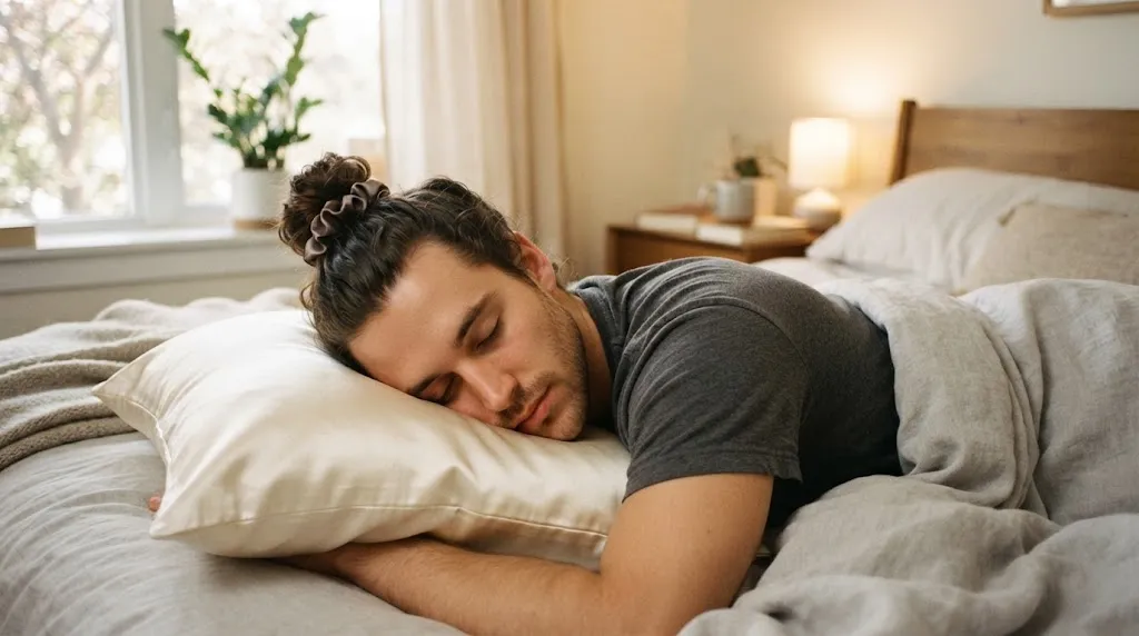 Man sleeping comfortably on a silk pillowcase with wavy hair protected in a loose pineapple bun