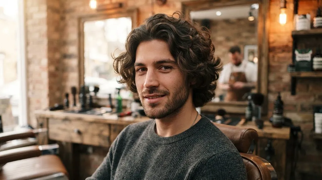 A stylish man with natural wavy hair in a barbershop showing his hair texture and density as a reference guide